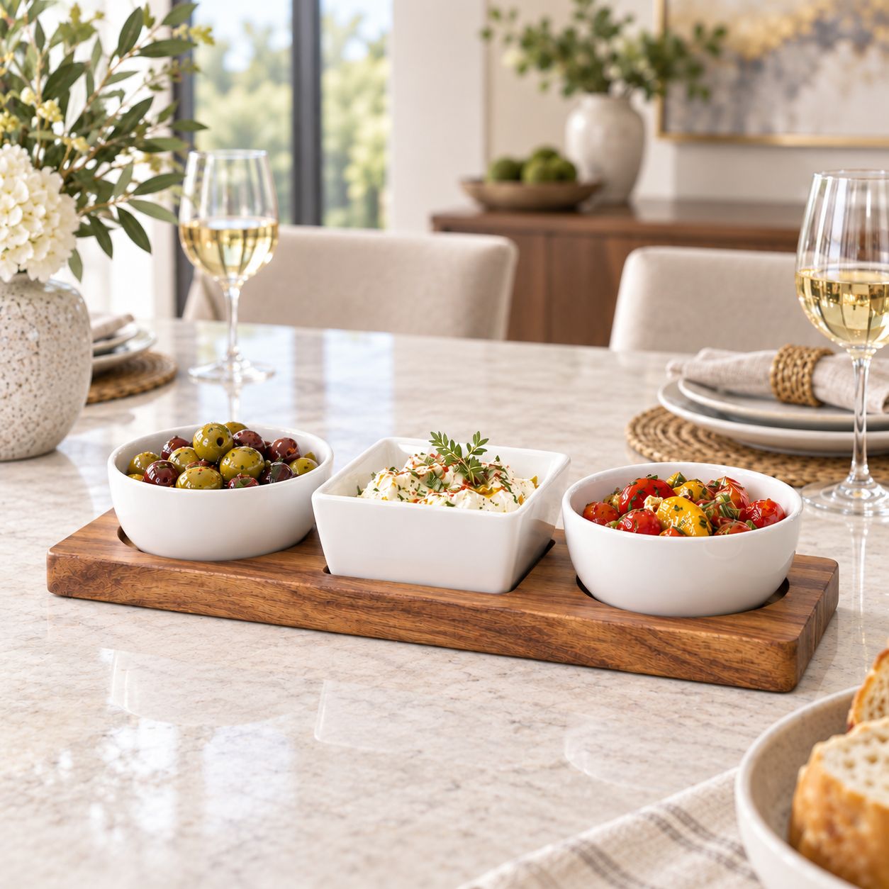 GIBSON Gracious Dining 4-Piece Fine Ceramic Tidbit Dish Set with Acacia Wood Base, White  127270.04