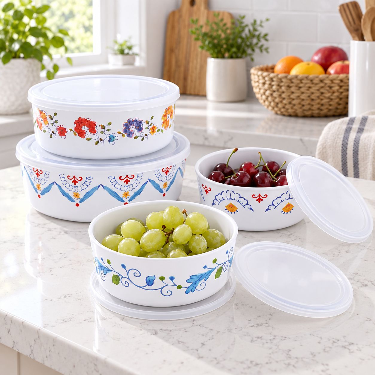 GIBSON HOME ANAYA 8-PIECE ROUND NESTING FOOD STORAGE CONTAINER SET WITH FRESH-SEAL LIDS – WHITE WITH FLORAL ACCENTS – MODEL 130997.08 – UPC 085081541789