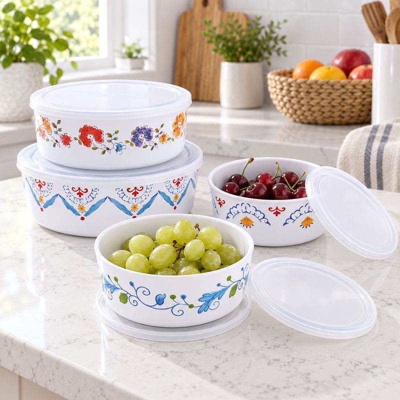 GIBSON HOME ANAYA 8-PIECE ROUND NESTING FOOD STORAGE CONTAINER SET WITH FRESH-SEAL LIDS – WHITE WITH FLORAL ACCENTS – MODEL 130997.08 – UPC 085081541789