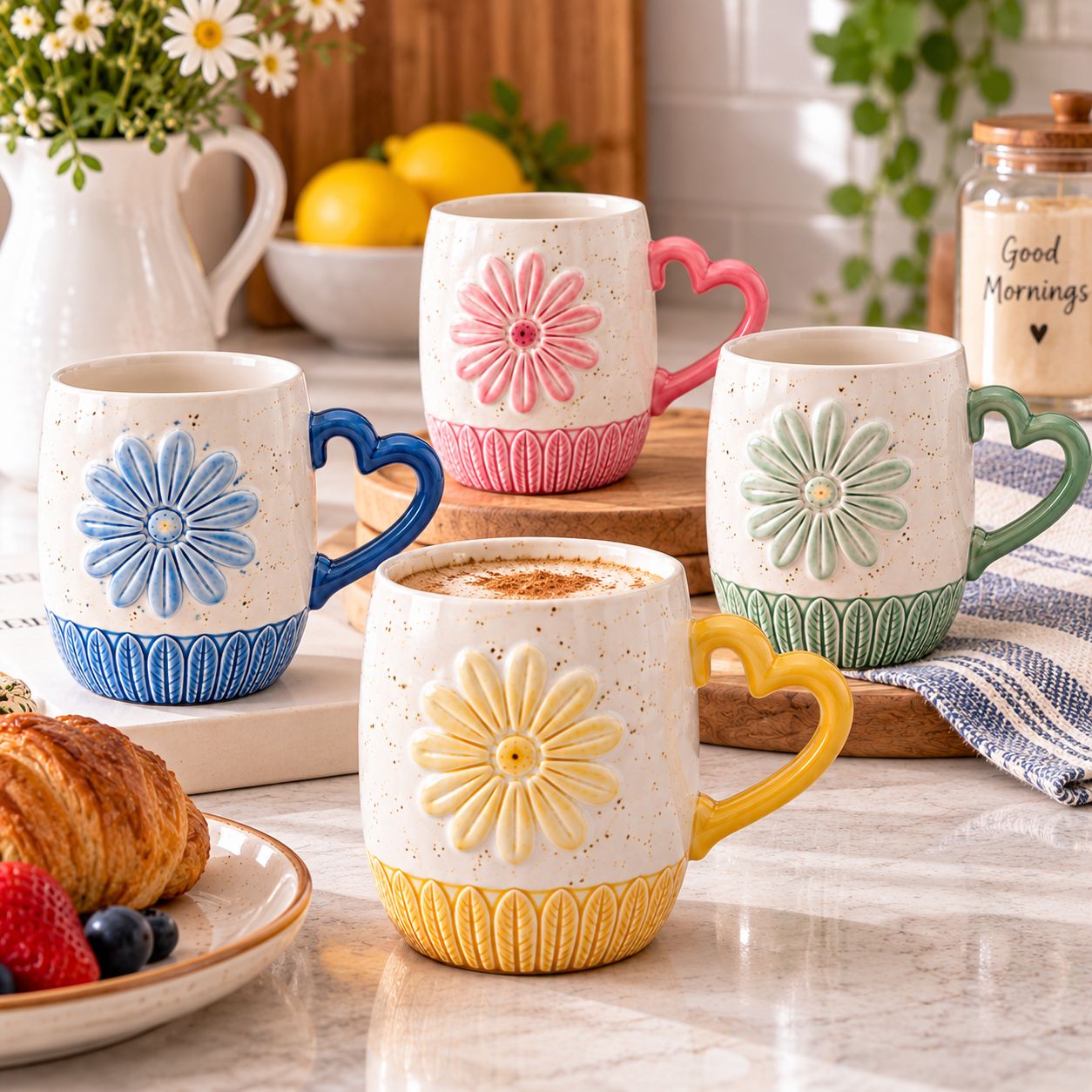 GIBSON HOME SUNBLOOM 15-OUNCE CAN-SHAPED STONEWARE MUG WITH ASSORTED FLORAL WAX-RELIEF DESIGNS AND HEART-SHAPED HANDLE – MODEL 136621.01 – UPC 085081576279