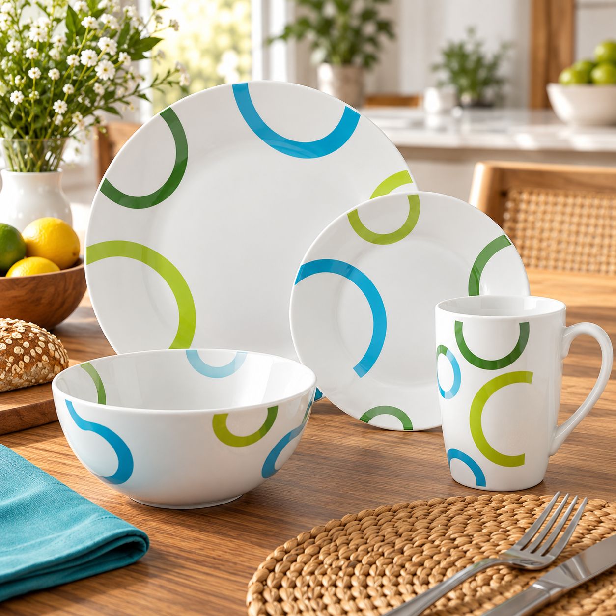 GIBSON HOME GREEN LOOPS 12-PIECE DECORATED FINE CERAMIC DINNERWARE SET – MODEL 142754.12