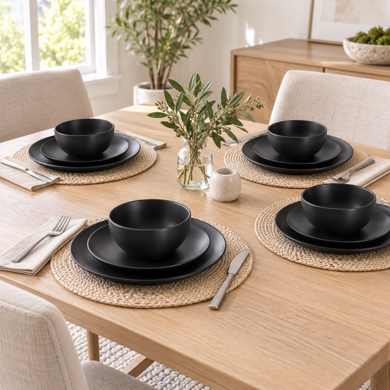 GIBSON HOME EVERYDAY PLUS 12-PIECE ROUND STONEWARE DINNERWARE SET, BLACK SEMI-MATTE – MODEL 142742.12