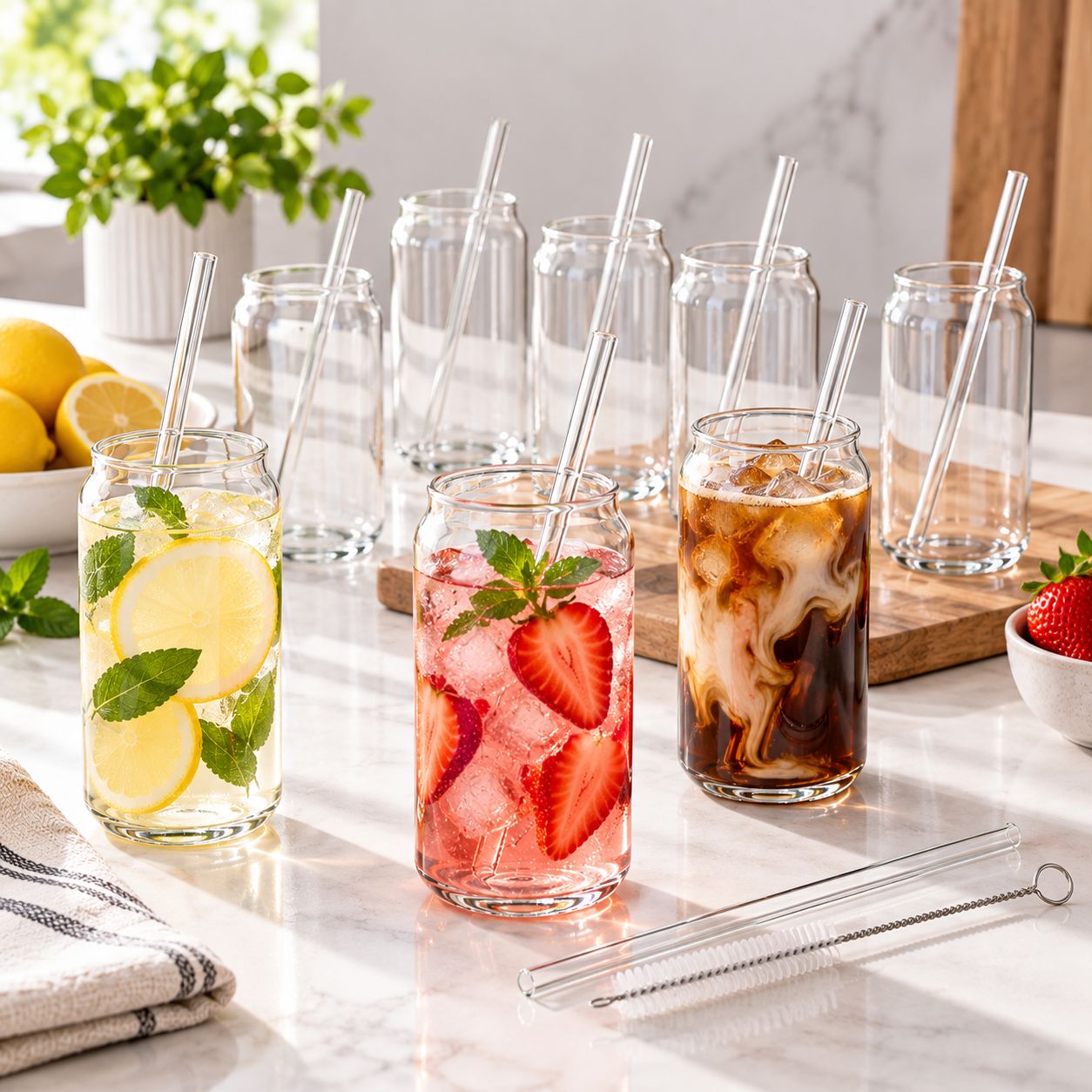 GIBSON HOME ZADIE 10-PIECE 18 OZ BOROSILICATE GLASS TUMBLER, GLASS STRAW &amp; CLEANING BRUSH SET, CLEAR – MODEL 142746.10 – UPC 085081638977
