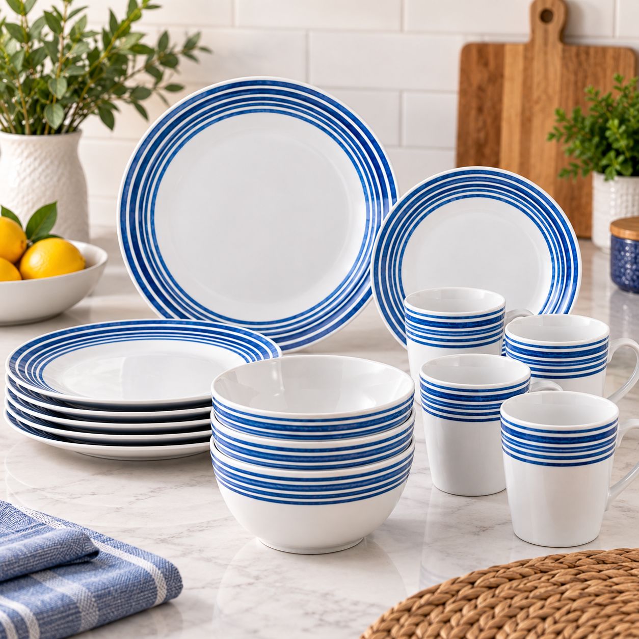 GIBSON HOME PACIFIC WAVES 12-PIECE ROUND FINE CERAMIC DINNERWARE SET, BLUE, PAD-PRINTED DECORATED DESIGN, GIFT BOX – MODEL 148478.12 – UPC 085081703361