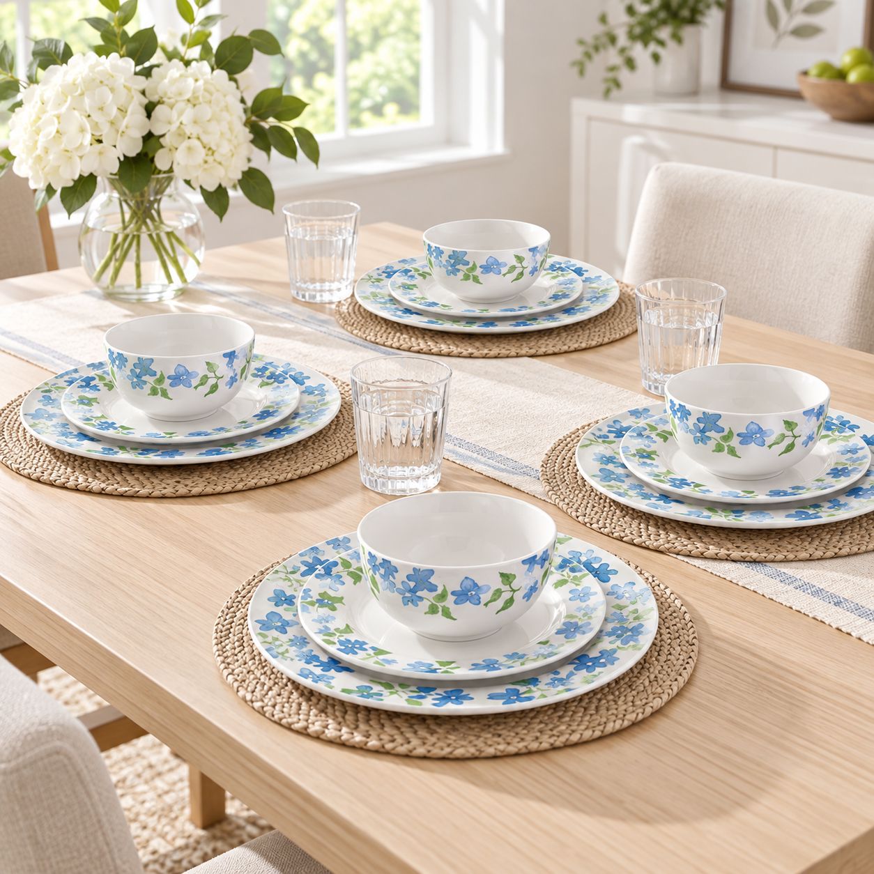 GIBSON  GH GARDEN AISLE - 12 PC DINNERWARE SET - BLUE - RD - PAD PRINT - FINE CERAMIC - GIFT
