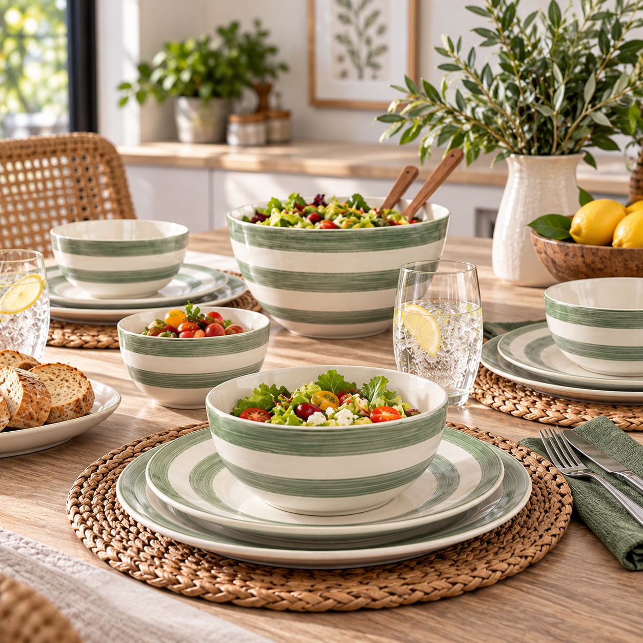 GIBSON HOME KENWOOD SHORES 12-PIECE ROUND HAND-PAINTED STONEWARE DINNERWARE SET, GREEN STRIPE – MODEL 148491.12 – UPC 085081703491