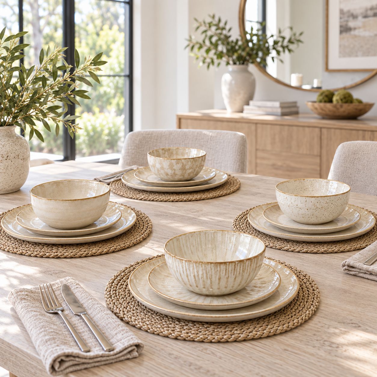 GIBSON ELITE EARLHART 12-PIECE REACTIVE GLAZE STONEWARE DINNERWARE SET WITH 4 ASSORTED EMBOSSED DESIGNS, SERVICE FOR 4, CREAM – MODEL 148717.12