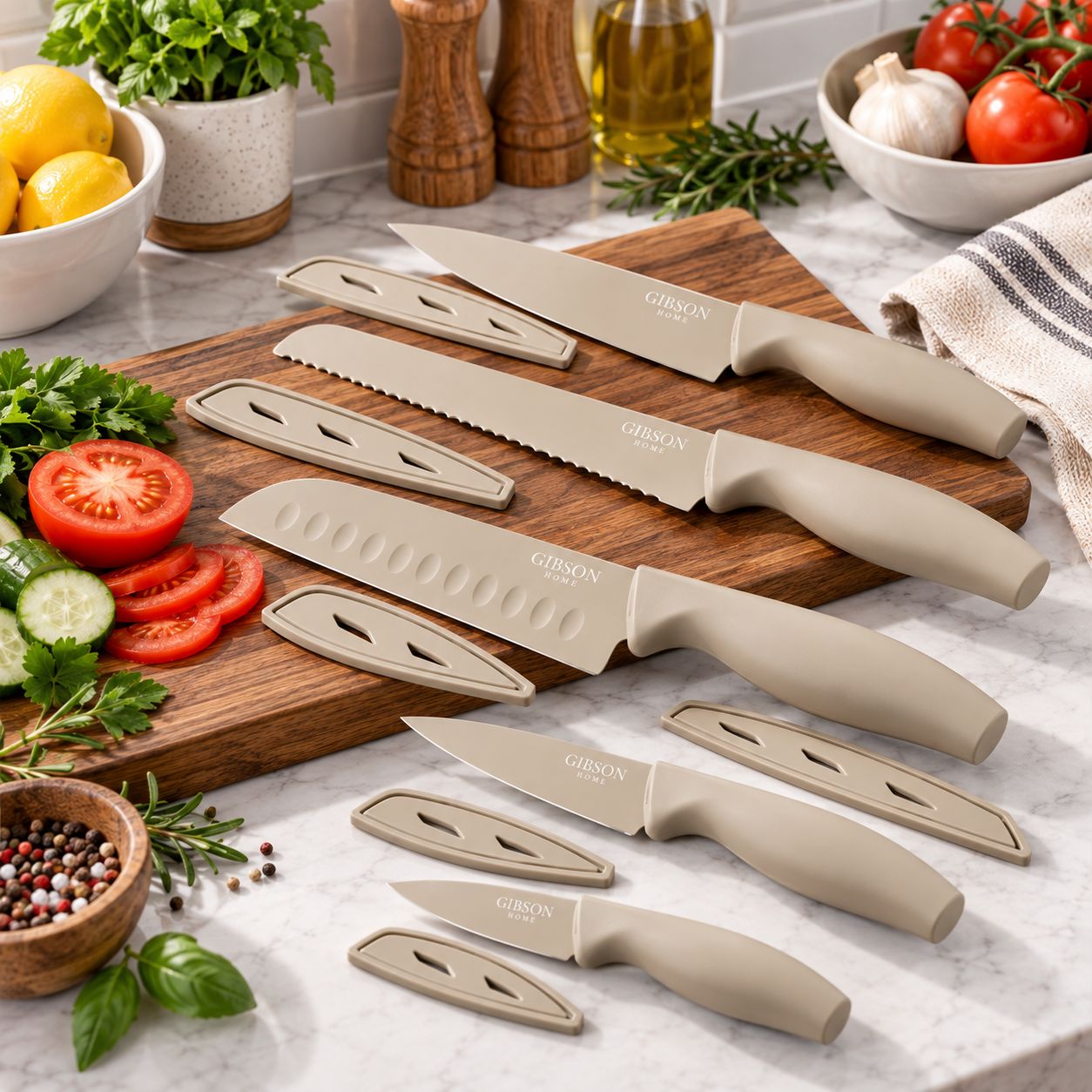 GIBSON HOME BOSTONVILLE 12-PIECE NONSTICK STAINLESS STEEL CUTLERY SET WITH PROTECTIVE SHEATHS, LINEN PMS 9225 C – MODEL 149149.12 – UPC 085081710024
