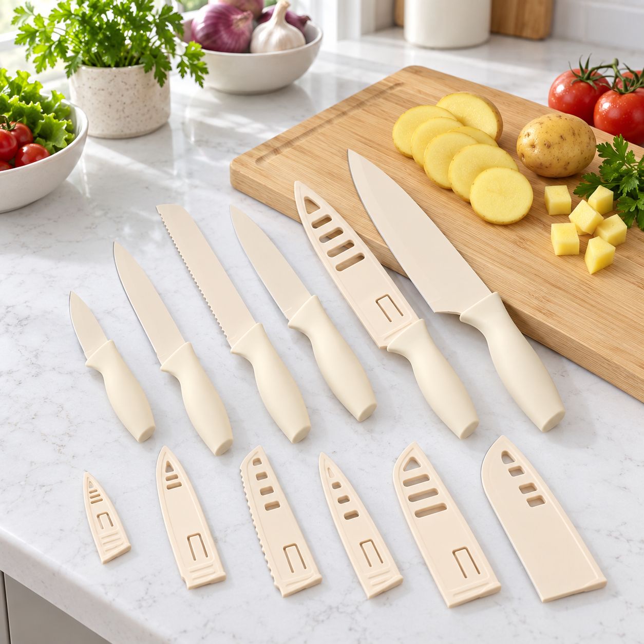 GIBSON HOME BOSTONVILLE 12-PIECE NONSTICK STAINLESS STEEL CUTLERY SET WITH PROTECTIVE SHEATHS – TAUPE – 6 KNIVES + 6 SHEATHS – UPC 085081710048