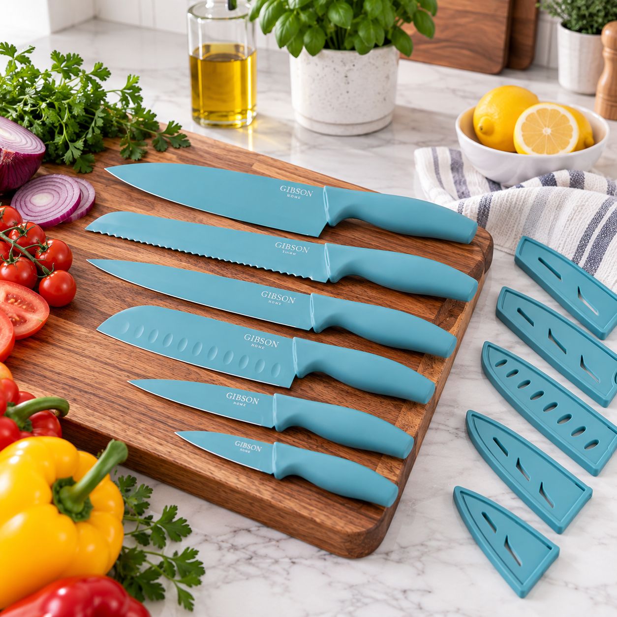 GIBSON HOME BOSTONVILLE 12-PIECE NONSTICK STAINLESS STEEL CUTLERY SET WITH PROTECTIVE SHEATHS, DUSTY BLUE / TURQUOISE – MODEL 149150.12 – UPC 085081710031