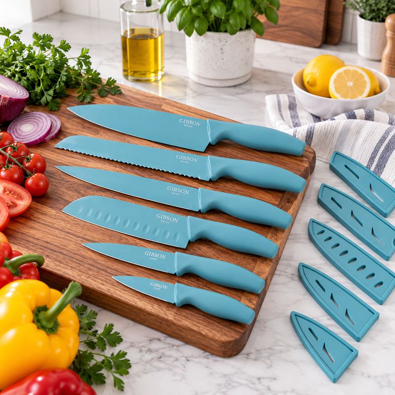 GIBSON HOME BOSTONVILLE 12-PIECE NONSTICK STAINLESS STEEL CUTLERY SET WITH PROTECTIVE SHEATHS, DUSTY BLUE / TURQUOISE – MODEL 149150.12 – UPC 085081710031