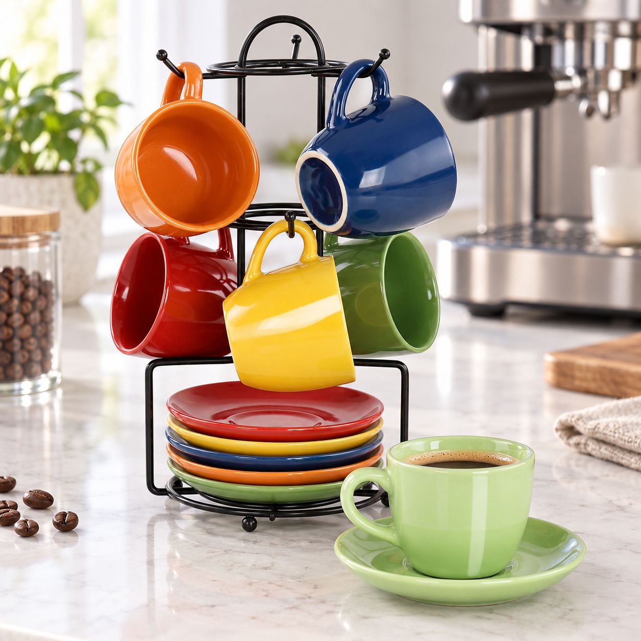 GIBSON HOME BREW HARMONY 13-PIECE SOLID COLOR STONEWARE ESPRESSO CUP &amp; SAUCER SET WITH METAL STORAGE RACK – 2.2 OZ CUPS – 4.2-IN SAUCERS – ASSORTED COLORS – MODEL 150773.13