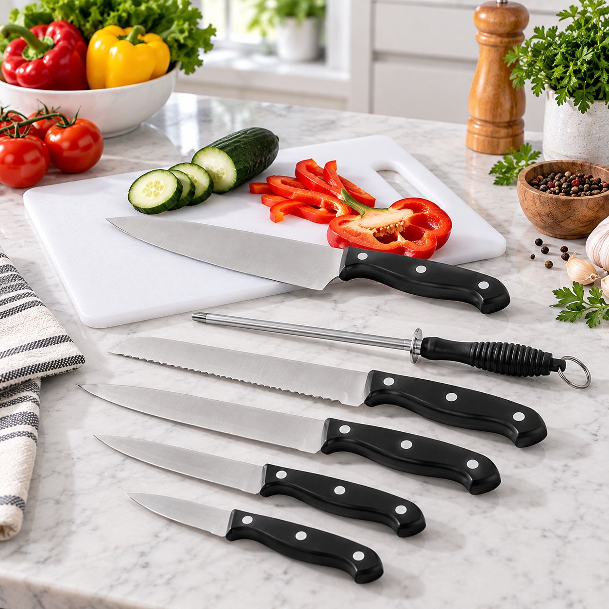 GIBSON HOME CANTERBURY 7-PIECE STAINLESS STEEL CUTLERY SET WITH POLYPROPYLENE HANDLES AND CUTTING BOARD – MODEL 64154.07 – UPC 085081873613