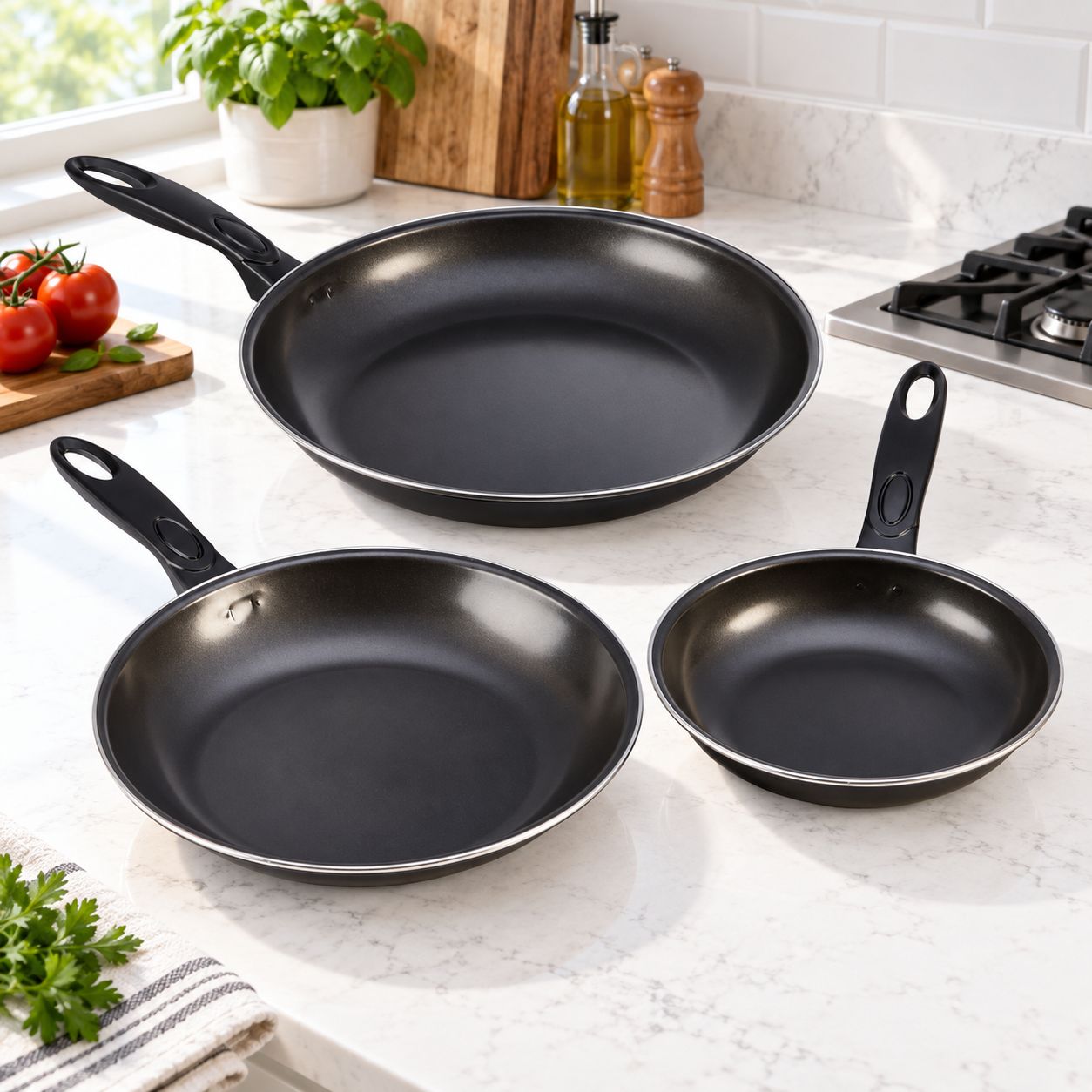 GIBSON HOME AVENTURA 3-PIECE NONSTICK FRY PAN SET – 7-IN, 9-IN &amp; 11-IN FRYING PANS – BLACK – CARBON STEEL – BAKELITE HANDLES – MODEL 91501.03 – UPC 085081146823