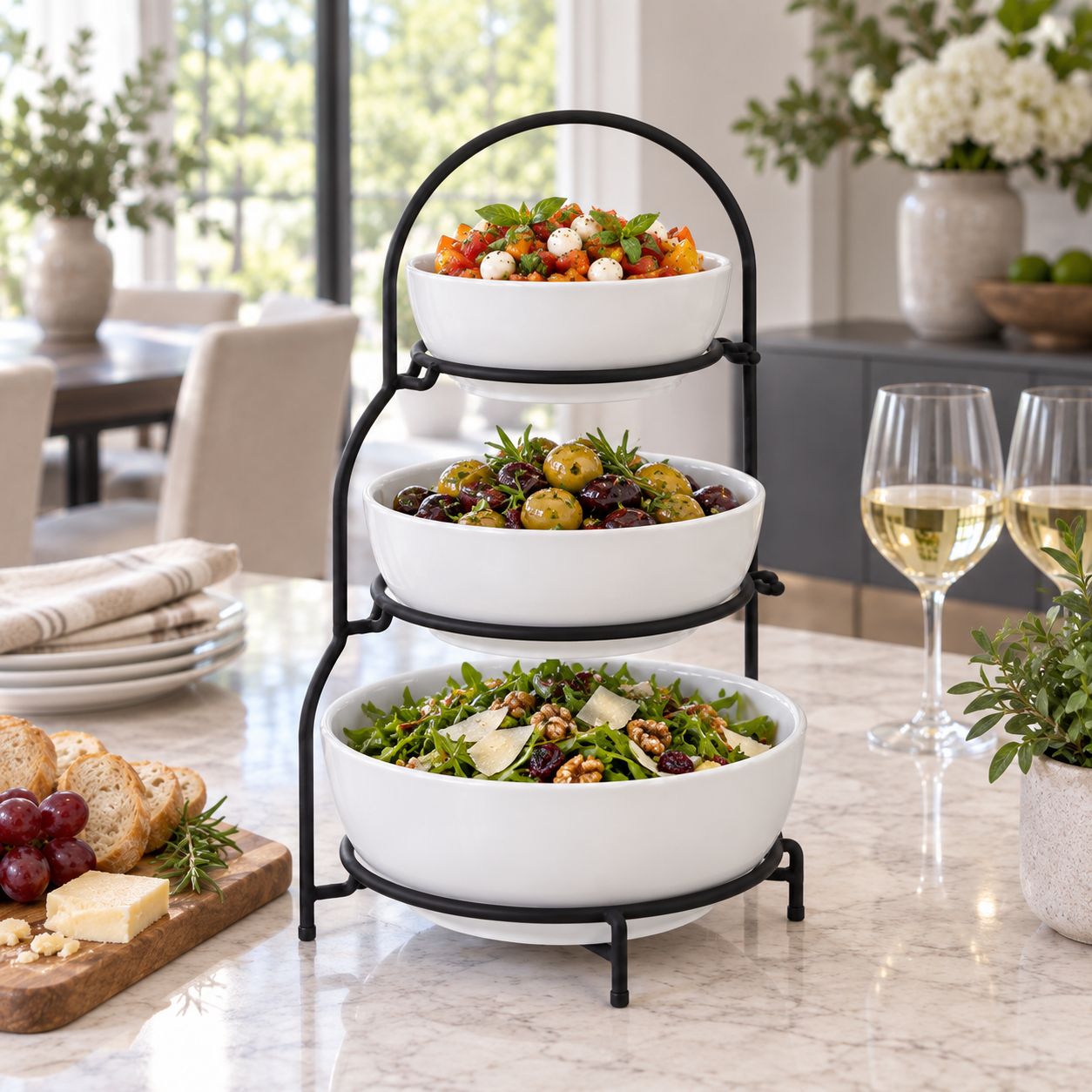 GIBSON ELITE GRACIOUS DINING 4-PIECE 3-TIER STONEWARE SERVING BOWL SET WITH METAL RACK, WHITE – MODEL 81153.04