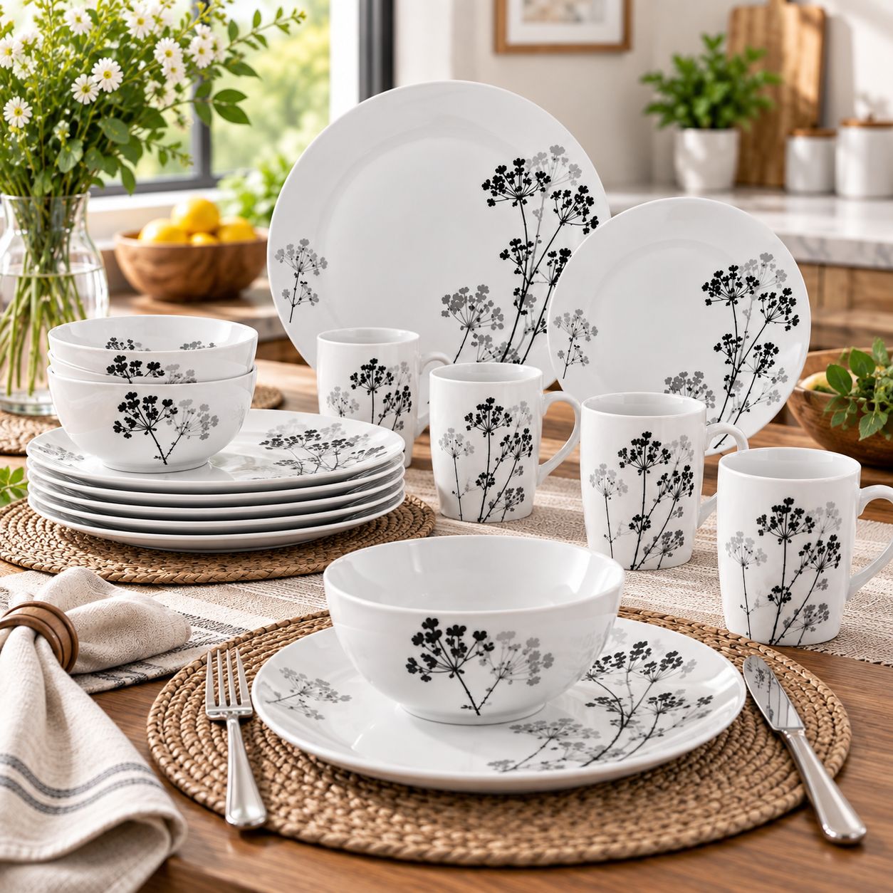GIBSON HOME NETHERWOOD 12-PIECE DINNERWARE SET, WHITE WITH BLACK CHERRY DESIGN, FINE CERAMIC – MODEL 91698.12 – UPC 085081148797