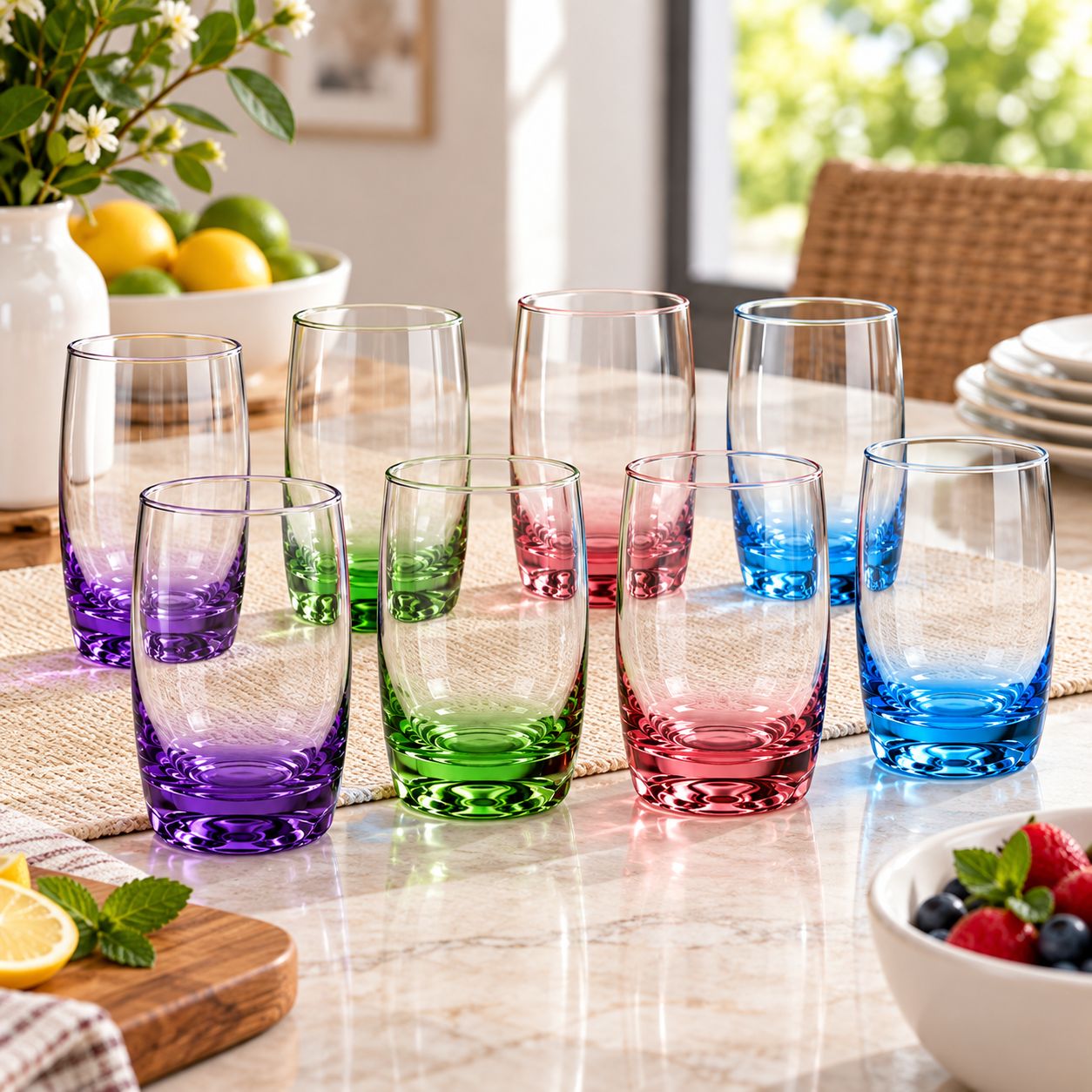 GIBSON HOME KARISSA 8-PIECE 13 OZ GLASS TUMBLER SET, 4 ASSORTED COLORS – MODEL 92361.08 – UPC 085081155429