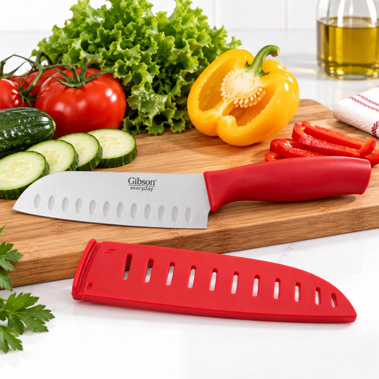 GIBSON EVERYDAY GRANTVILLE 6-INCH STAINLESS STEEL SANTOKU KNIFE WITH PROTECTIVE SHEATH, PP HANDLE, ASSORTED COLORS – MODEL 92565.01 – UPC 085081157461