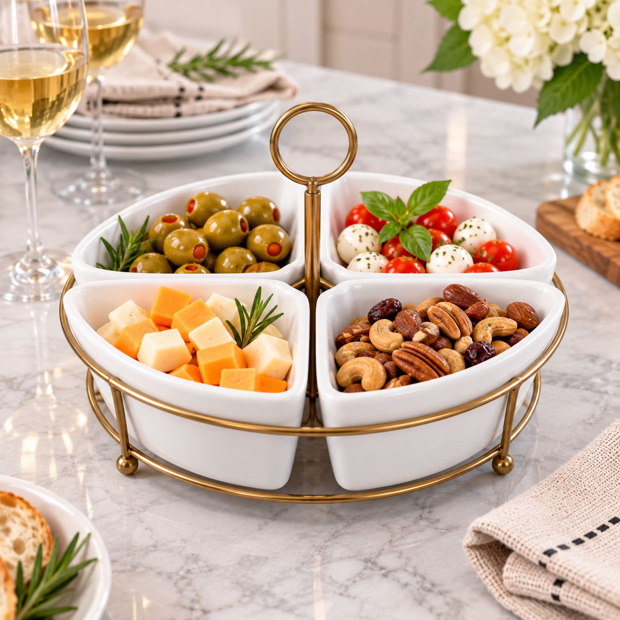 GIBSON ELITE GRACIOUS DINING 5-PIECE 4-SECTION FINE CERAMIC TIDBIT SERVING DISH SET WITH METAL WIRE RACK, WHITE – MODEL 92605.05 – UPC 085081157867