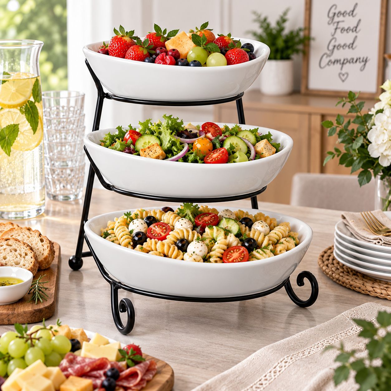 GIBSON ELITE GRACIOUS DINING 4-PIECE 3-TIER OVAL SERVING BOWL SET WITH METAL STAND, WHITE – MODEL 92702.04 – UPC 085081158833