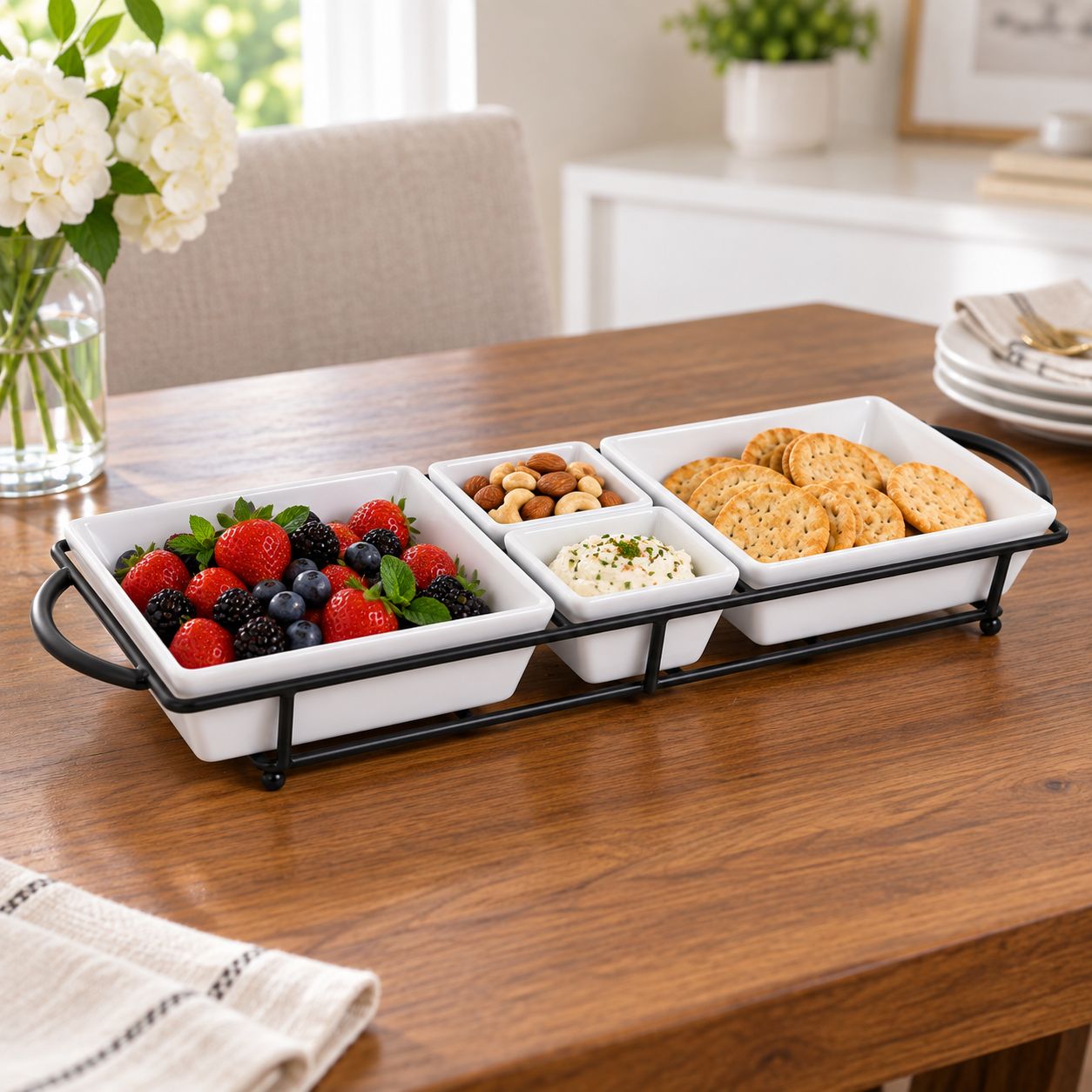 GIBSON ELITE GRACIOUS DINING 5-PIECE RECTANGULAR SERVING TIDBIT DISH SET WITH METAL RACK, WHITE PORCELAIN – MODEL 92707.05 – UPC 085081158888