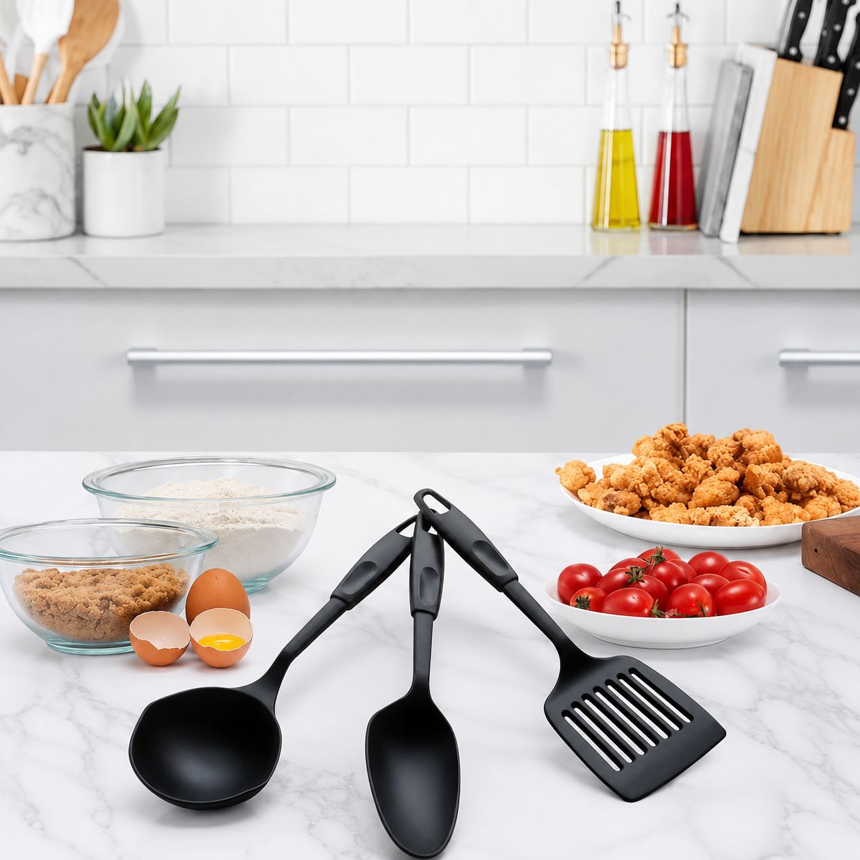 BENE CASA 3-Piece Nylon Kitchen Utensil Set with Ladle, Spoon and Slotted Turner, Heat-Resistant, Nonstick Cookware Safe, Dishwasher Safe, Black  BC-60583