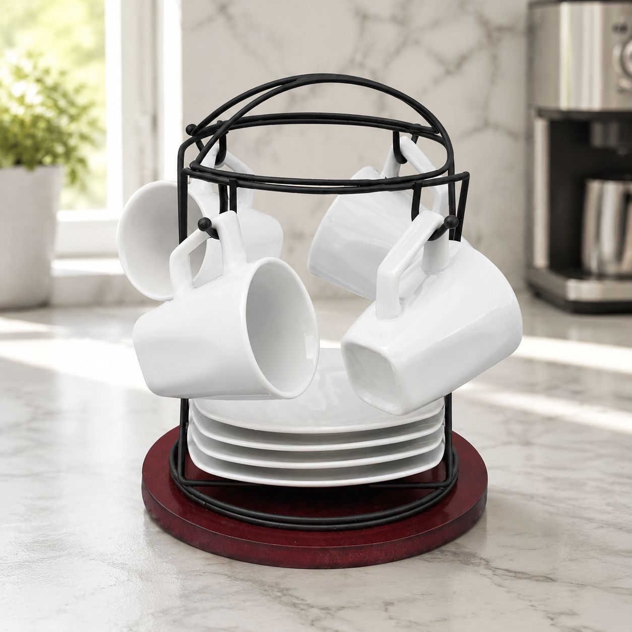 BENE CASA 9-Piece 3 Oz. Square Espresso Cup and Saucer Set, 4 Demitasse Cups, 4 Matching Saucers and Metal Display Stand, White  BC-89471