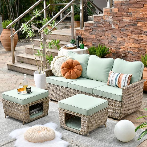 Artemis 3PC Wicker Sofa Set – Weather-Resistant PE Wicker Outdoor Conversation Set with Powder-Coated Steel Frame, Khaki &amp; Orange