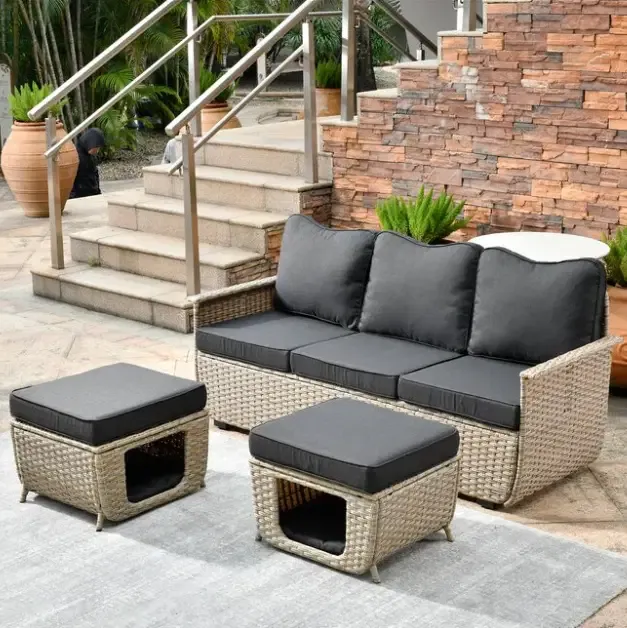 Artemis 3PC Wicker Sofa Set – Weather-Resistant PE Wicker Outdoor Conversation Set with Powder-Coated Steel Frame ATB-2601-338, Color: Khaki &amp; Black