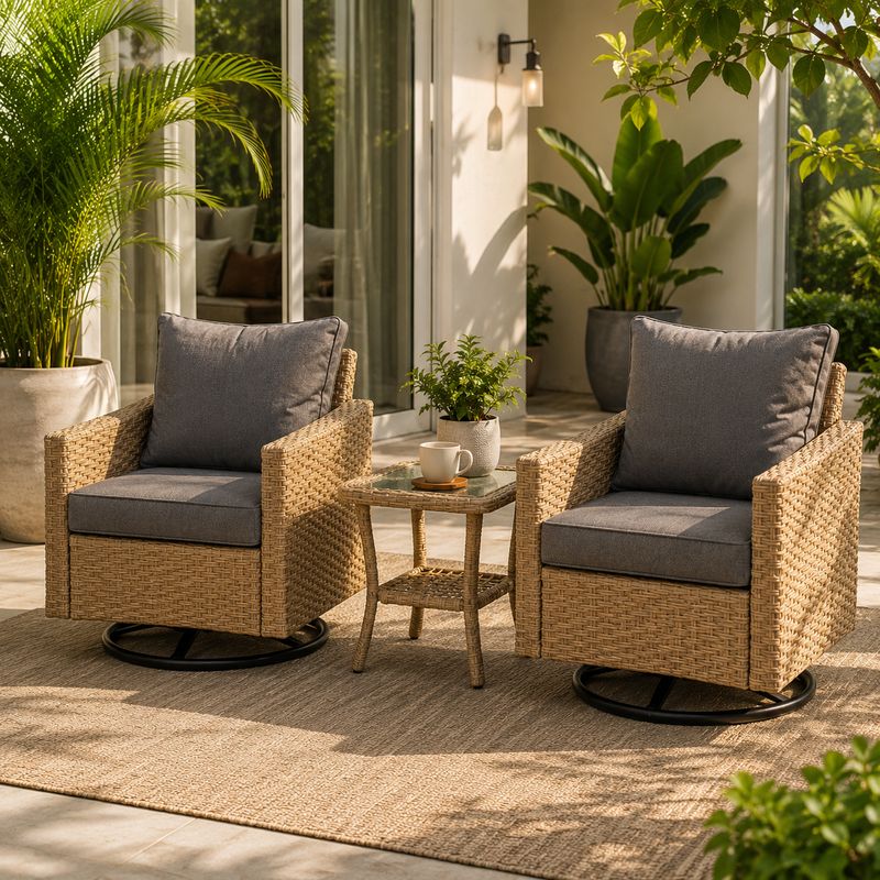 Lanie 3-Piece Patio Conversation Set – Modern Outdoor Seating with Rocking Chairs &amp; Side Table, Khaki &amp; Dark Grey (ATB-2601-340)