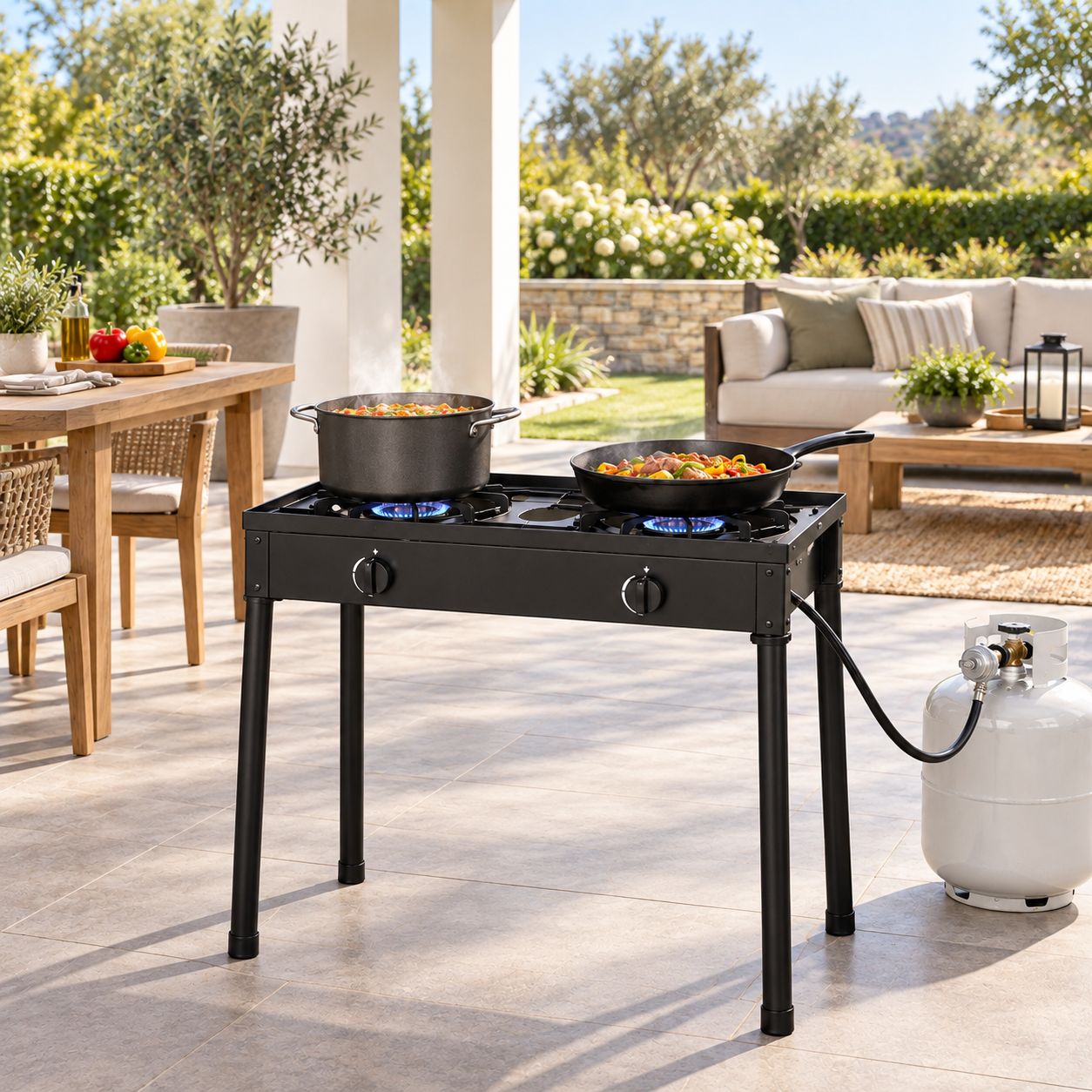 DOUBLE BURNER OUTDOOR PROPANE STOVE WITH REGULATOR – HEAVY-DUTY CAST IRON TWO-BURNER OUTDOOR COOKER WITH DETACHABLE LEGS AND INDEPENDENT FLAME CONTROL – UPC 7707149177619