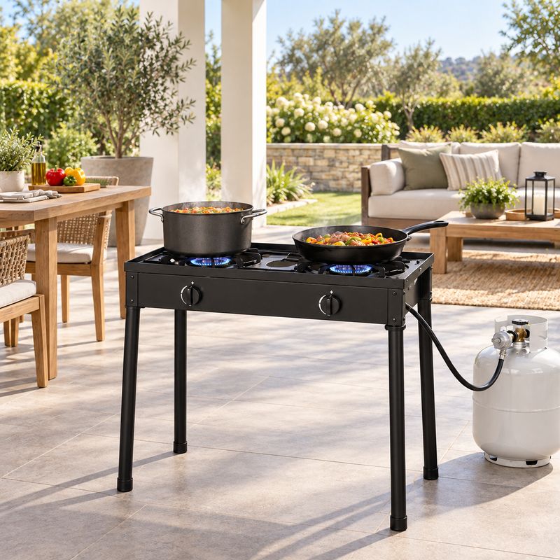 DOUBLE BURNER OUTDOOR PROPANE STOVE WITH REGULATOR – HEAVY-DUTY CAST IRON TWO-BURNER OUTDOOR COOKER WITH DETACHABLE LEGS AND INDEPENDENT FLAME CONTROL – UPC 7707149177619