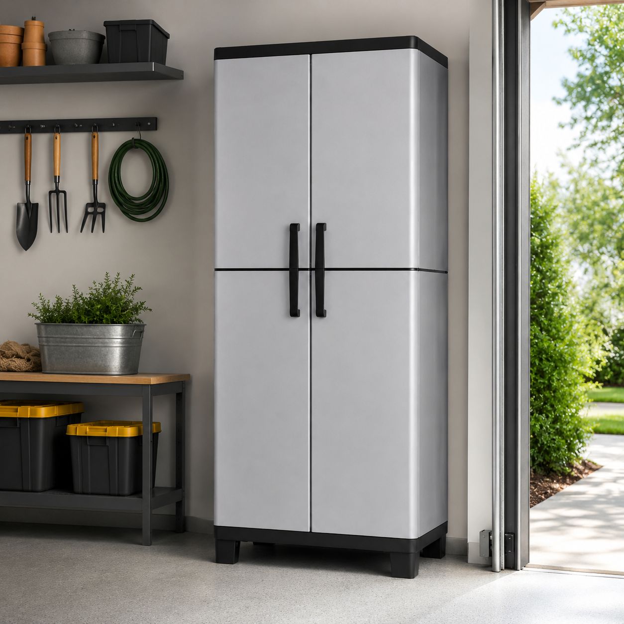 Keter Space Winner Tall Storage Cabinet – Weather-Resistant Polypropylene Resin with Lockable Double Doors &amp; 4 Adjustable Shelves