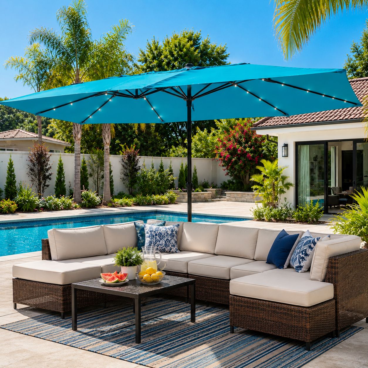 Costway 15 Ft. Double-Sided Patio Umbrella with 48 Solar-Powered LED Lights, Turquoise (NP13260TU)