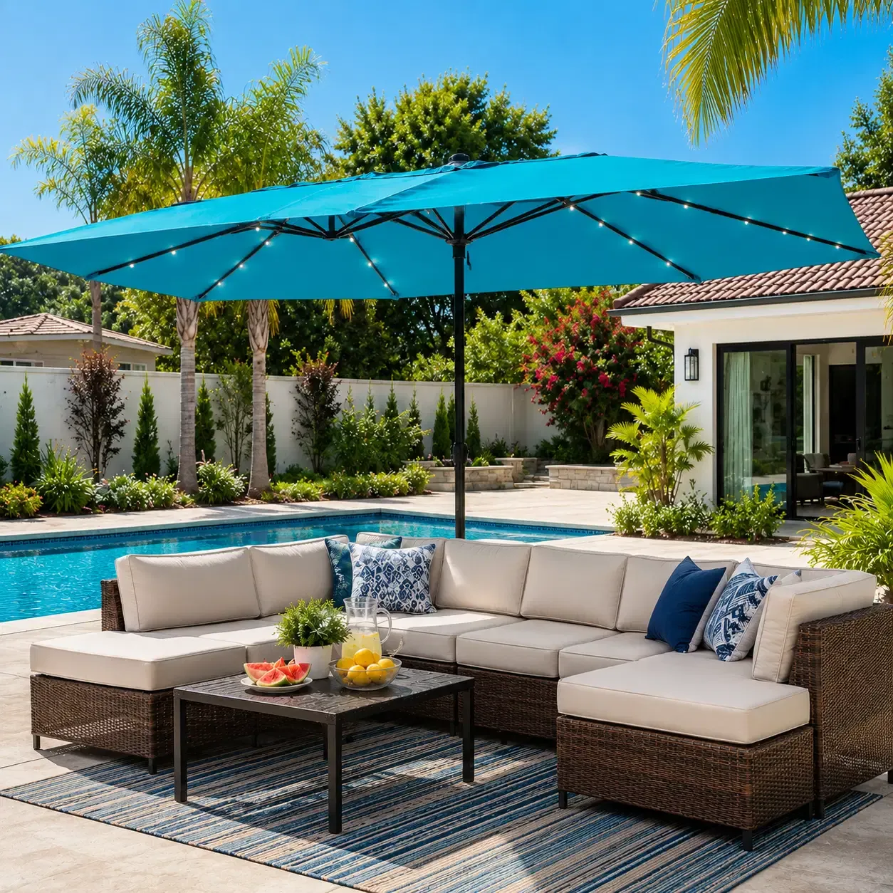 Costway 15 Ft. Double-Sided Patio Umbrella with 48 Solar-Powered LED Lights, Turquoise (NP13260TU)