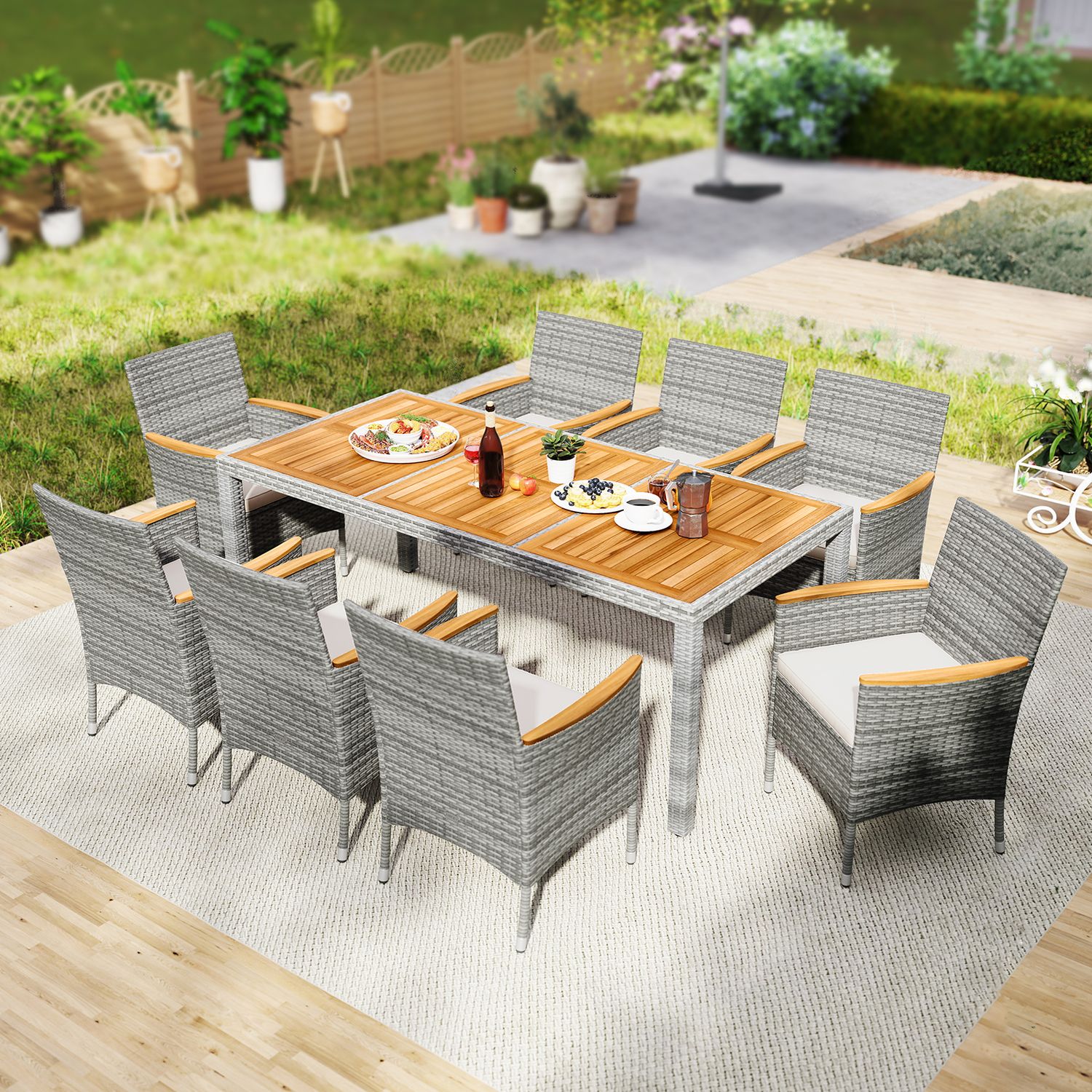 Costway 9-Piece Patio PE Wicker Dining Set with Acacia Wood Table &amp; 2" Umbrella Hole for Deck, Garden and Yard, Grey (HW75244WH)