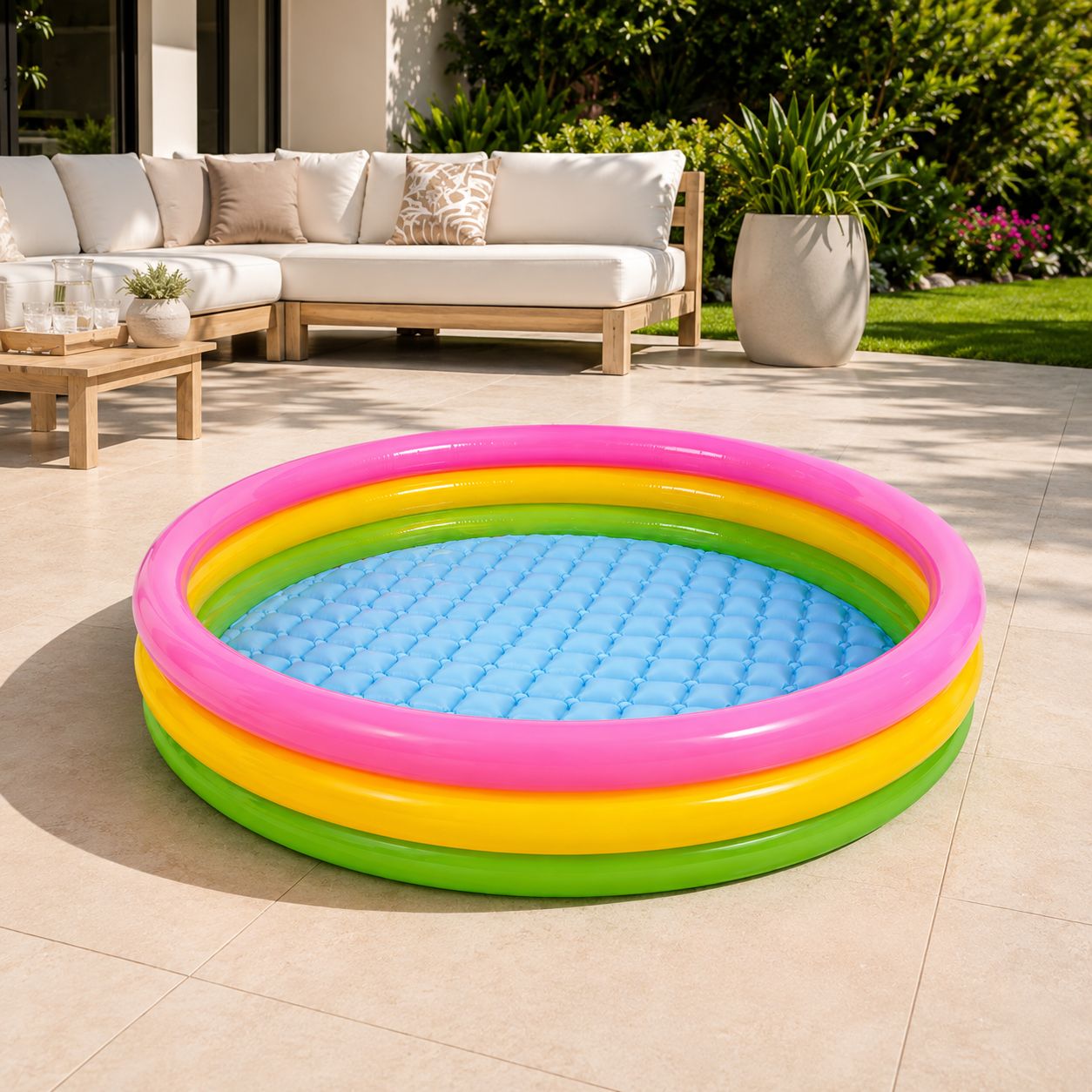 Intex Sunset Glow Inflatable Kiddie Pool with Three Colorful Rings &amp; Soft Floor - 58" x 13", 73-Gallon Capacity, Multicolor (57422EP)