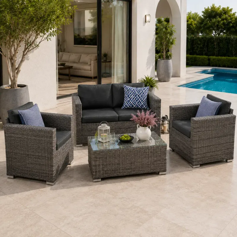 Puerta Outdoor 4-Piece Patio Conversation Set with Sofa, 2 Armchairs &amp; Coffee Table, Deep Seating, 200 GSM Polyester Cushions, Gray &amp; Black (ATB-2601-339)