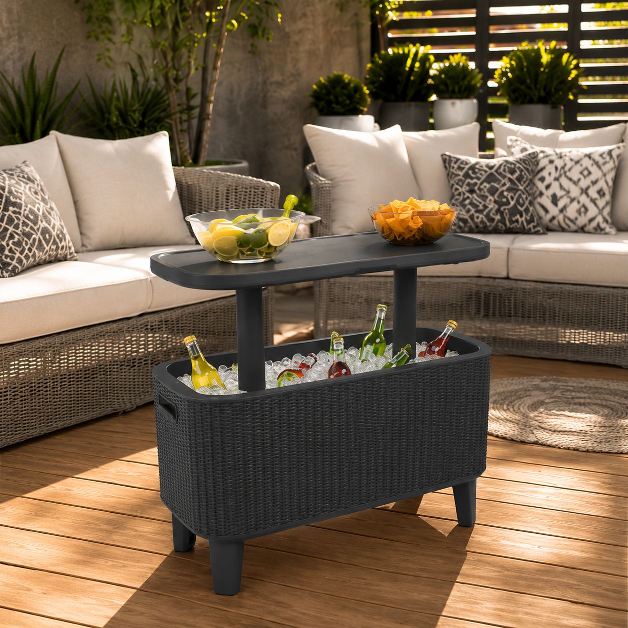Keter Cool Bars BevyBar Rattan 2-in-1 Outdoor Beverage Cooler &amp; Pop-Up Serving Table - Rattan Brown