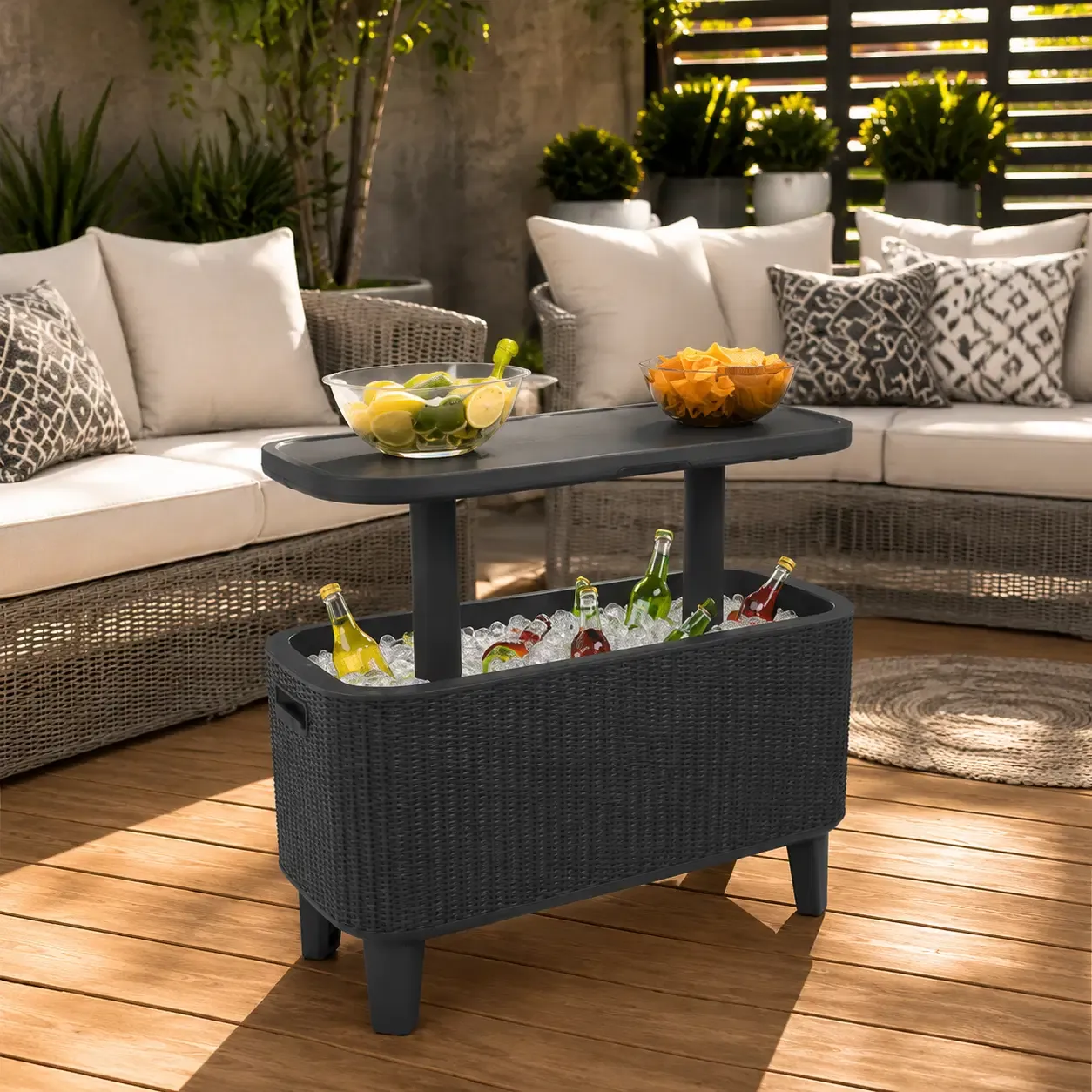 Keter Cool Bars BevyBar Rattan 2-in-1 Outdoor Beverage Cooler &amp; Pop-Up Serving Table - Rattan Brown