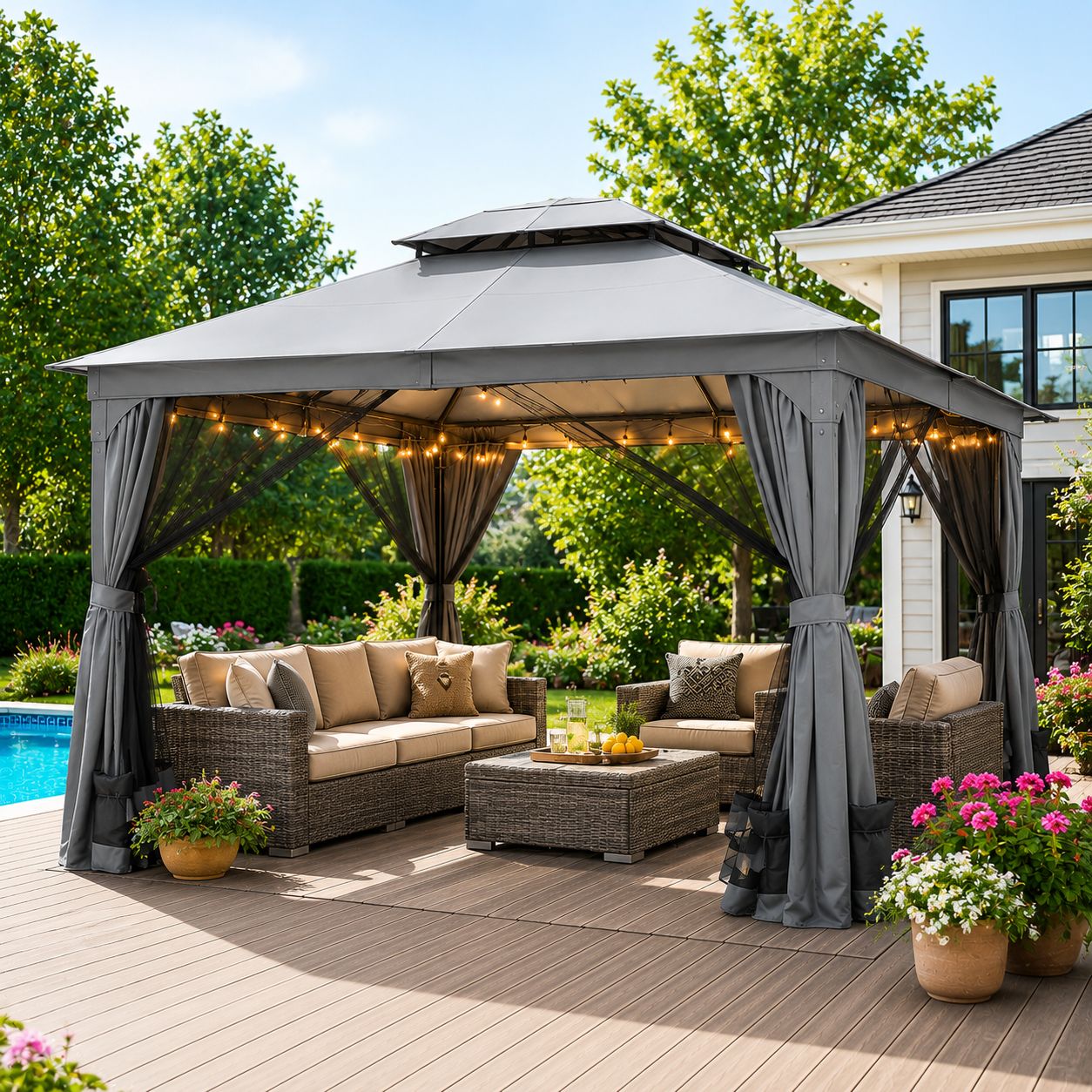 Costway Patio Gazebo with Double-Tier Vented Roof, Netting Walls and 4 Sandbags, 10 x 10 Ft, Heavy-Duty Steel Frame, Gray (NP12543GR)
