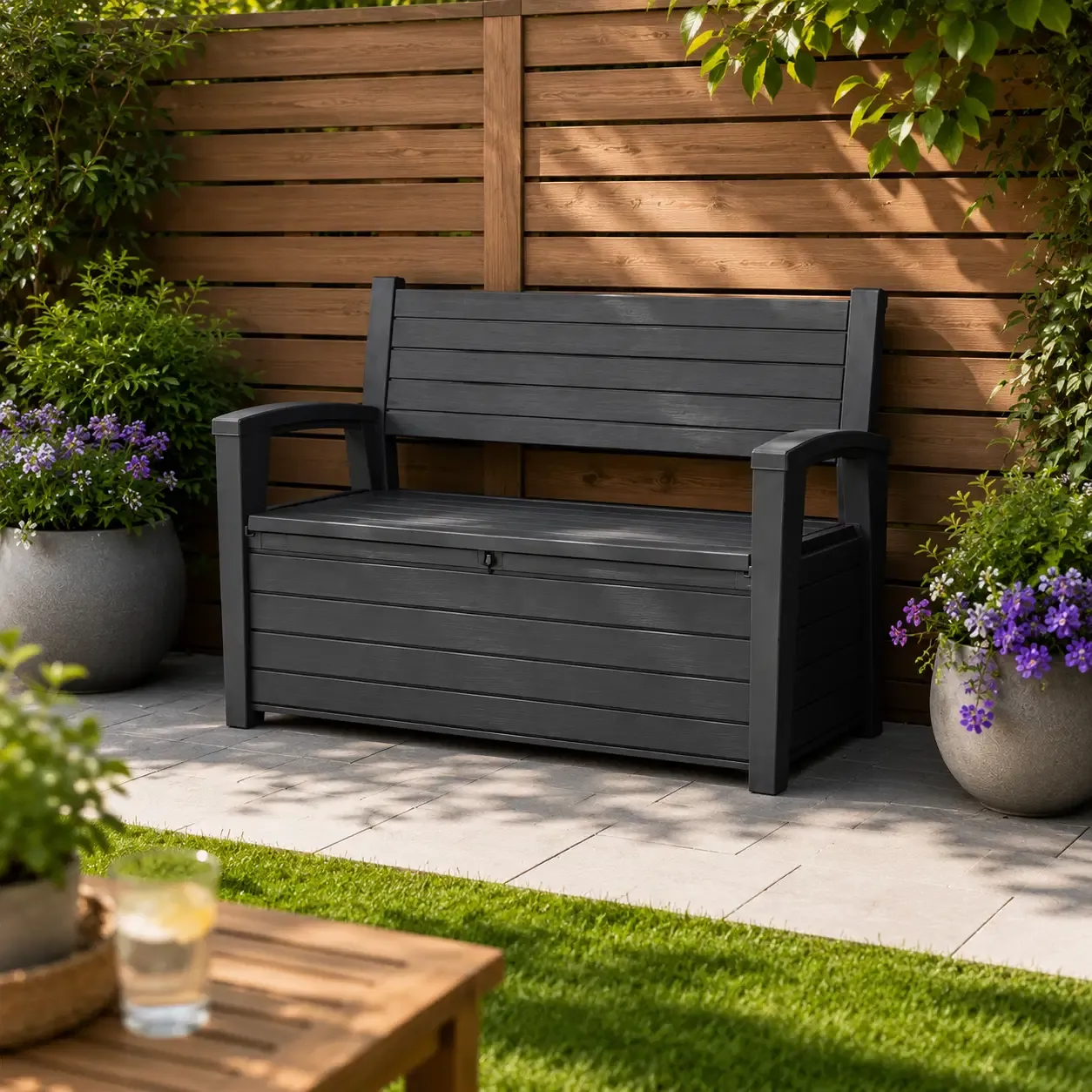 Keter Otter Bench 60-Gallon Outdoor Storage Bench with Seating for 2, Graphite/Dark Grey, Wood-Look Resin (940180 / 17212485)