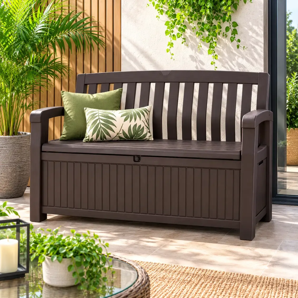 Keter Patio Bench Box - 2-in-1 Outdoor Storage Bench with 60 Gal. / 227 L Capacity, Lockable, Weather &amp; UV Resistant, Seats 2 Adults, Graphite Grey (17202697)