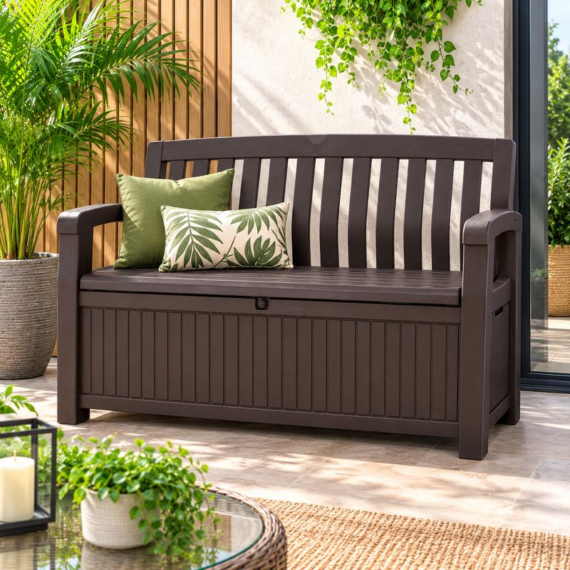 Keter Patio Bench Box - 2-in-1 Outdoor Storage Bench with 60 Gal. / 227 L Capacity, Lockable, Weather &amp; UV Resistant, Seats 2 Adults, Graphite Grey (17202697)