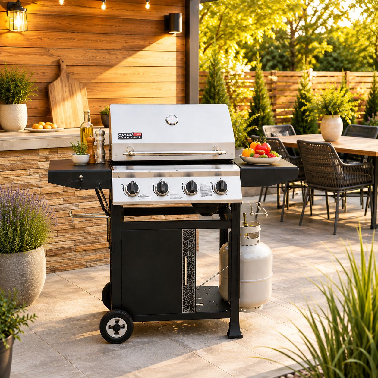 Royal Gourmet Premium 4-Burner Gas Grill with Side Shelves, 40,000 BTU, 634 Sq. In. Cooking Area, Stainless Steel Burners, Silver/Black (GA4405TS)