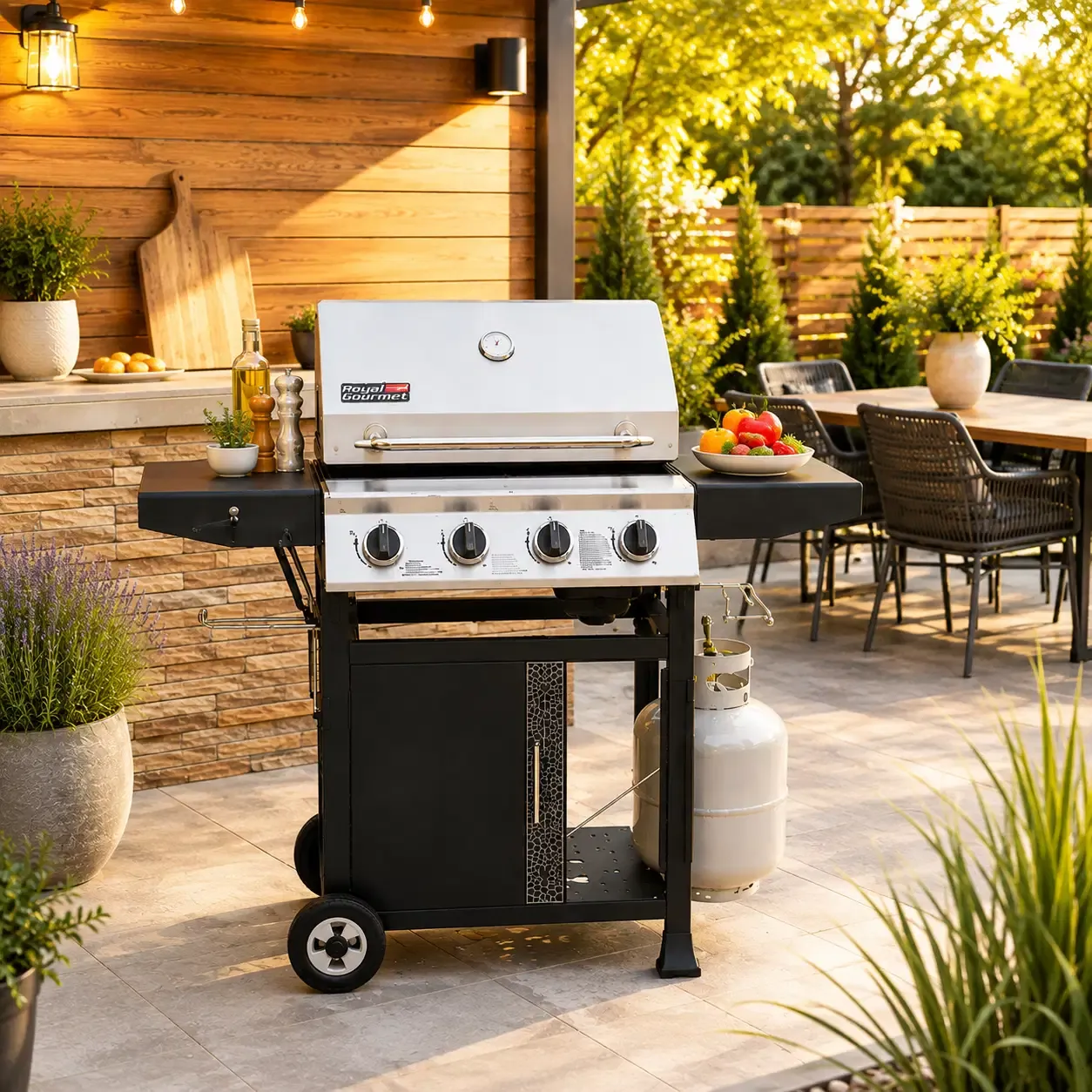 Royal Gourmet Premium 4-Burner Gas Grill with Side Shelves, 40,000 BTU, 634 Sq. In. Cooking Area, Stainless Steel Burners, Silver/Black (GA4405TS)