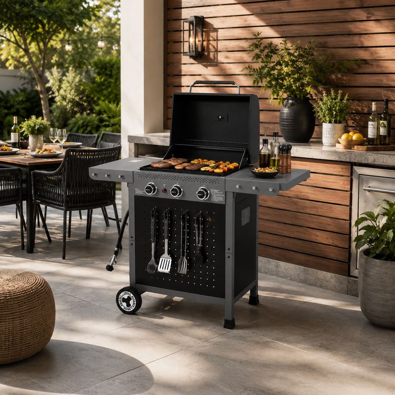 Royal Gourmet 3-Burner Gas Grill with Pegboard Storage - 19,500 BTU, 420 Sq. In. Cooking Area, Porcelain-Enameled Grates, Black/Cool Gray (GL3001)