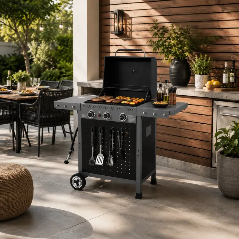 Royal Gourmet 3-Burner Gas Grill with Pegboard Storage - 19,500 BTU, 420 Sq. In. Cooking Area, Porcelain-Enameled Grates, Black/Cool Gray (GL3001)
