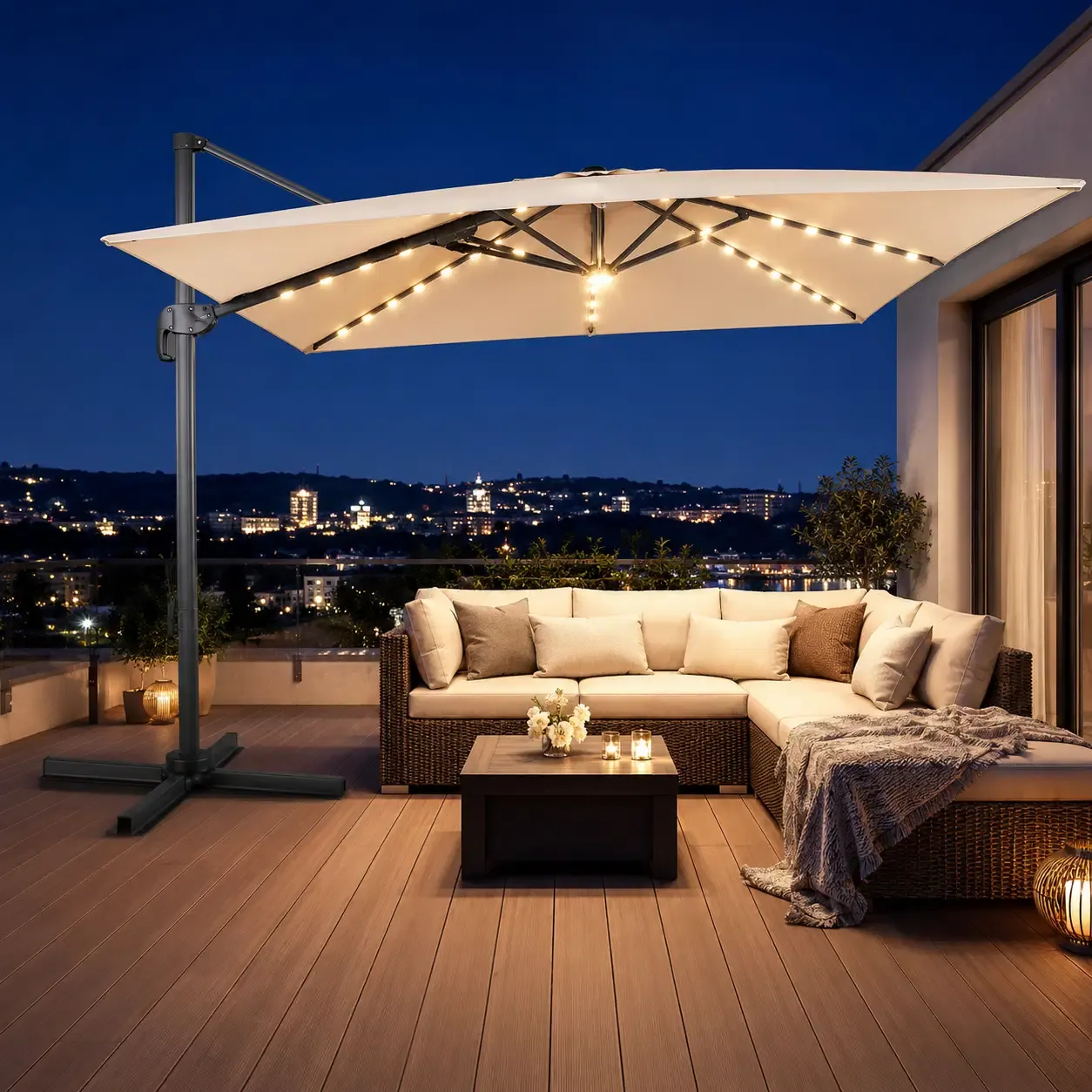 Costway 10 Ft Cantilever Patio Umbrella with 32 Solar LED Lights, 360° Rotation &amp; 6 Tilt Positions, 220 Lbs Refillable Base, Beige + Black (NP13285BE / NP12183 / 26406390)