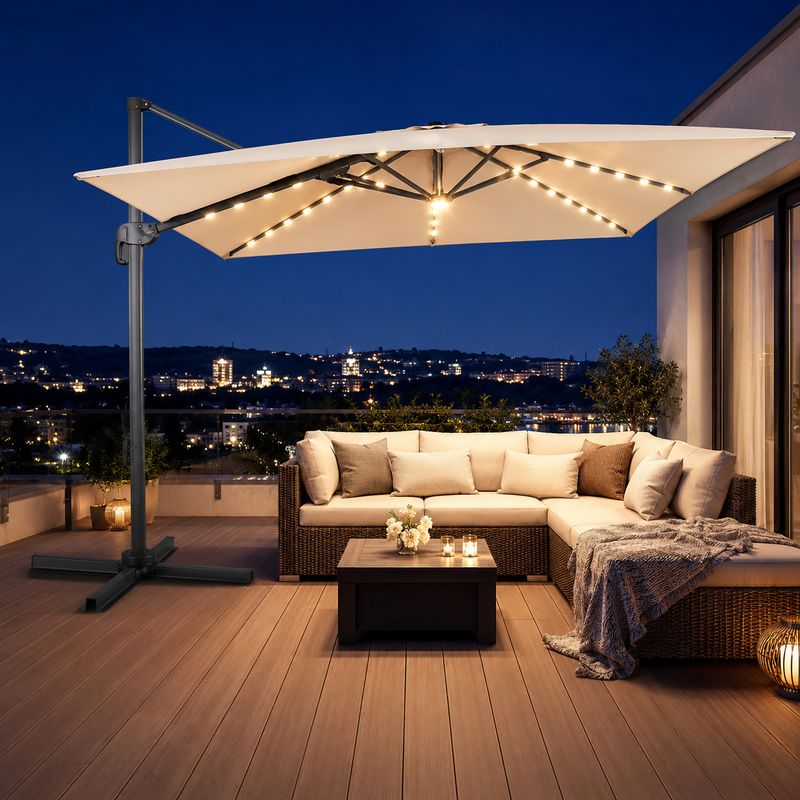 Costway 10 Ft Cantilever Patio Umbrella with 32 Solar LED Lights, 360° Rotation &amp; 6 Tilt Positions, 220 Lbs Refillable Base, Beige + Black (NP13285BE / NP12183 / 26406390)